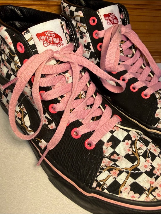 Vans Shoes - Vans sk8-hi Pink cherry blossom black Checkerboard custom High-Top Sneakers